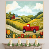 Farm Folk Art Print Featuring Red Vintage Truck Country Barn Rolling Hills and Wildflowers Whimsical Hand Painted Landscape for Rustic Wall Decor or Gift on Ready to Hang 1.5" Thick Canvas Wrap, Floating Framed Canvas, Flat Rolled Canvas